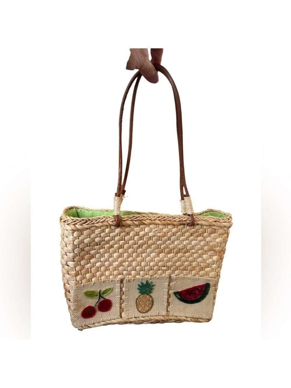 80s STRAW TOTE W COLORFUL FRUIT SEQUIN & BEADED W LEATHER SHOULDER STRAPS 9"X12"